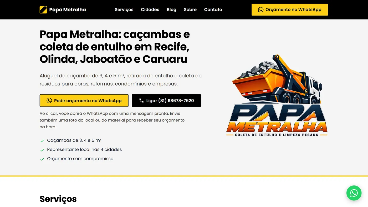 Página inicial do site papametralha.com, com o título sobre caçambas e coleta de entulho em Recife, Olinda, Jaboatão e Caruaru e o botão de orçamento no WhatsApp